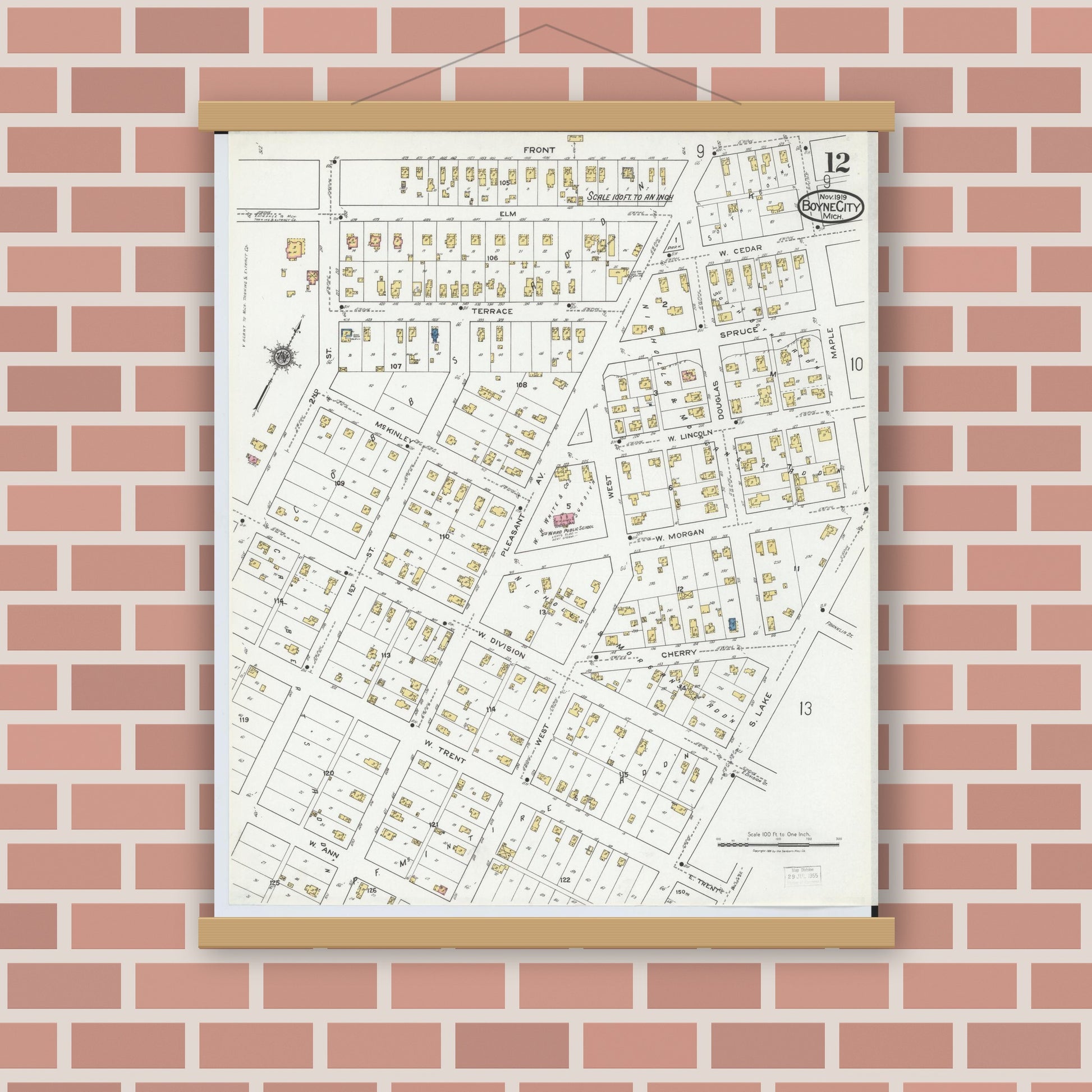 Old map wall art mockup — magnetic wood frame on brick wall — Sanborn Fire Insurance Map from Boyne City, Charlevoix County, Michigan (1919), Sheet #0012