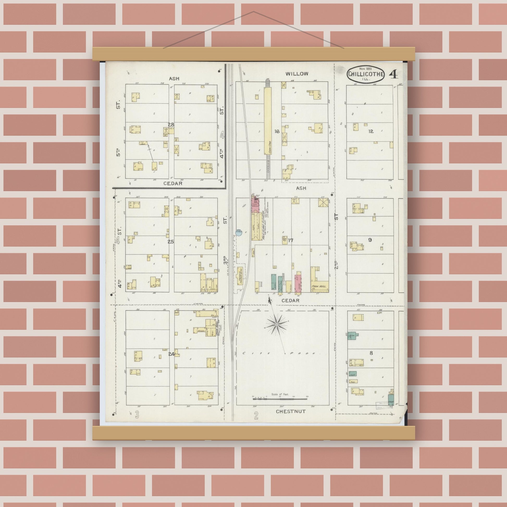 Old map wall art mockup — magnetic wood frame on brick wall — Sanborn Fire Insurance Map from Chillicothe, Peoria County, Illinois (1893), Sheet #0004
