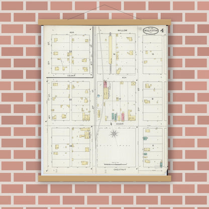 Old map wall art mockup — magnetic wood frame on brick wall — Sanborn Fire Insurance Map from Chillicothe, Peoria County, Illinois (1893), Sheet #0004