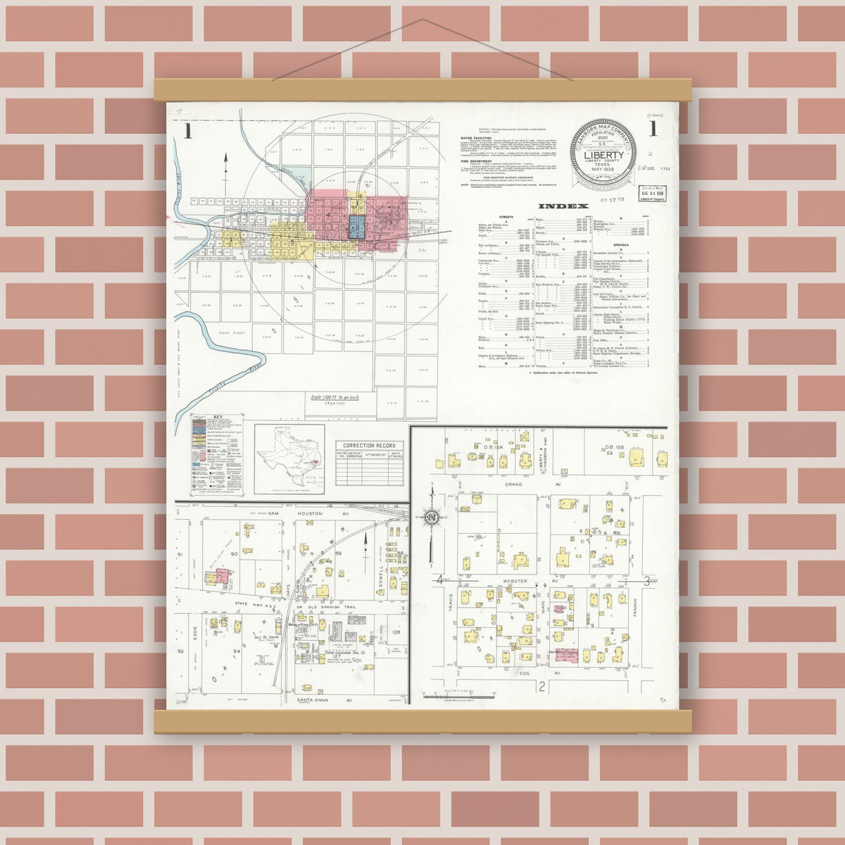 Old map wall art mockup — magnetic wood frame on brick wall — Sanborn Fire Insurance Map from Liberty, Liberty County, Texas (1938), Sheet #0001