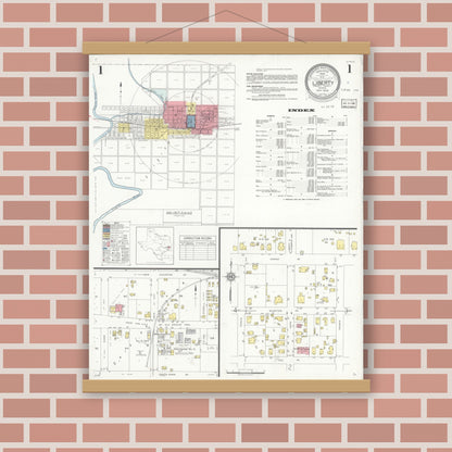 Old map wall art mockup — magnetic wood frame on brick wall — Sanborn Fire Insurance Map from Liberty, Liberty County, Texas (1938), Sheet #0001