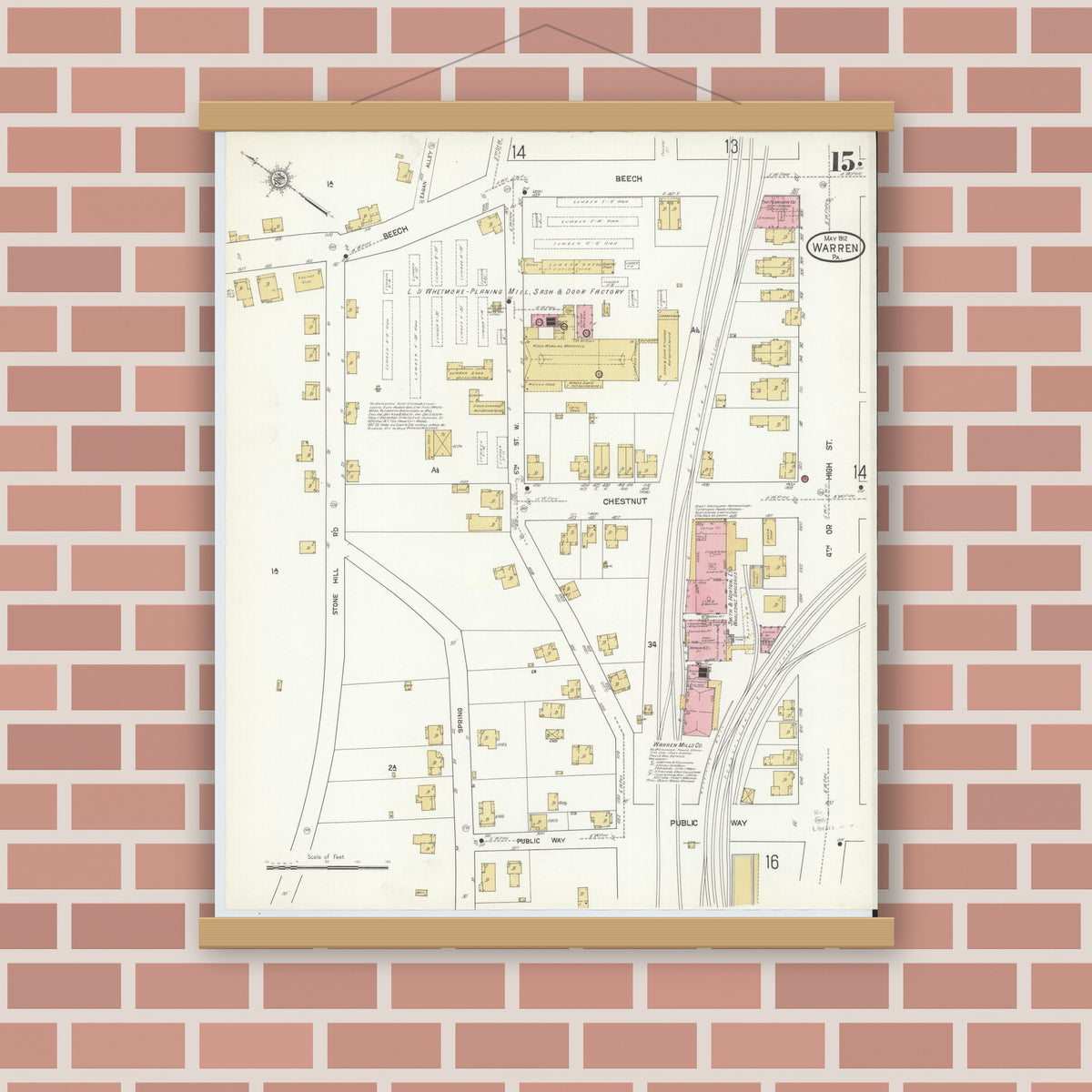 Old map wall art mockup — magnetic wood frame on brick wall — Sanborn Fire Insurance Map from Warren, Warren County, Pennsylvania (1912), Sheet #0015