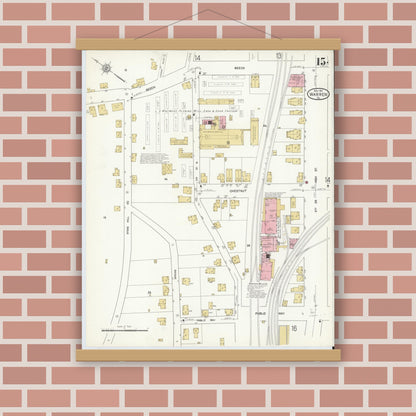 Old map wall art mockup — magnetic wood frame on brick wall — Sanborn Fire Insurance Map from Warren, Warren County, Pennsylvania (1912), Sheet #0015