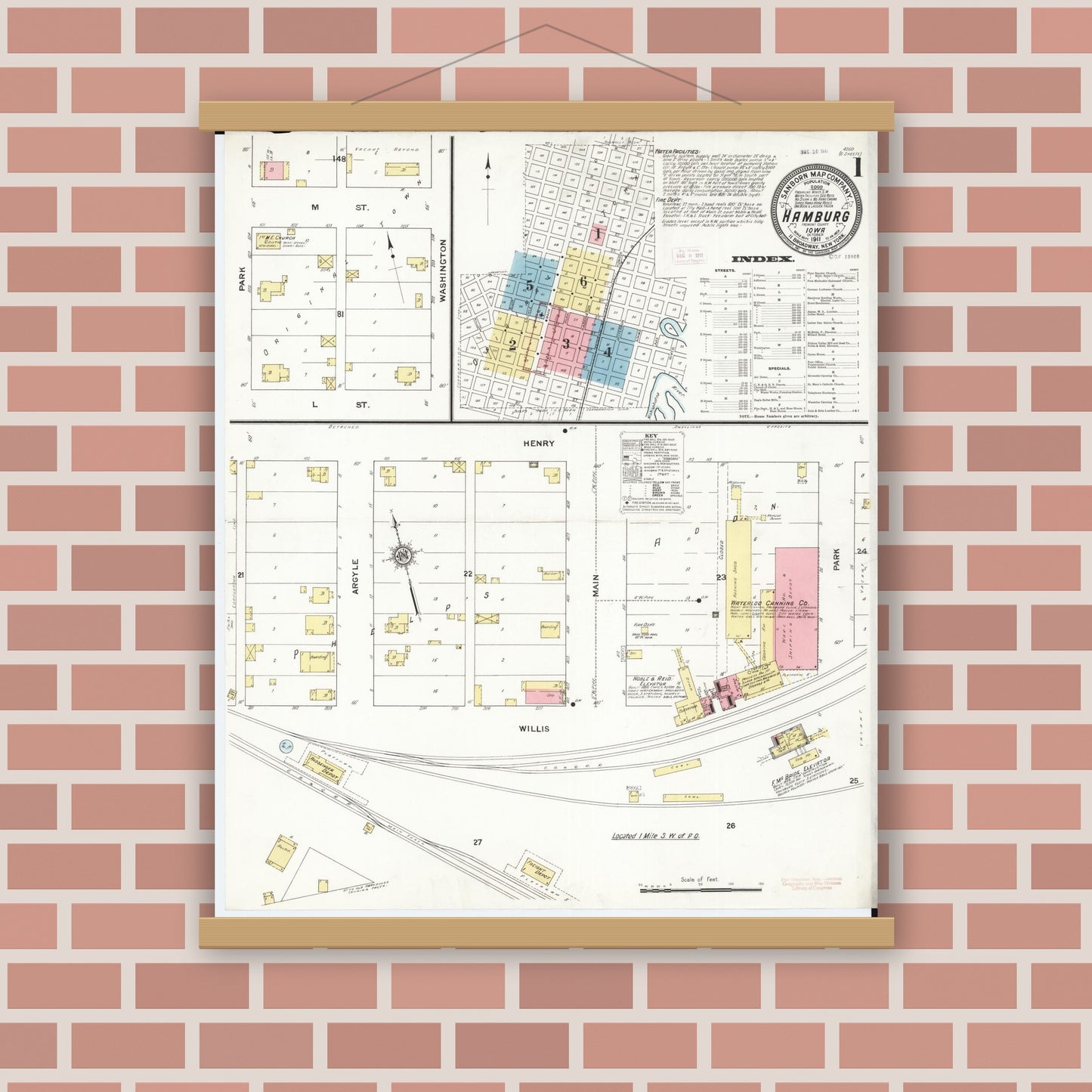 Old map wall art mockup — magnetic wood frame on brick wall — Sanborn Fire Insurance Map from Hamburg, Fremont County, Iowa (1911) â€” Complete Set