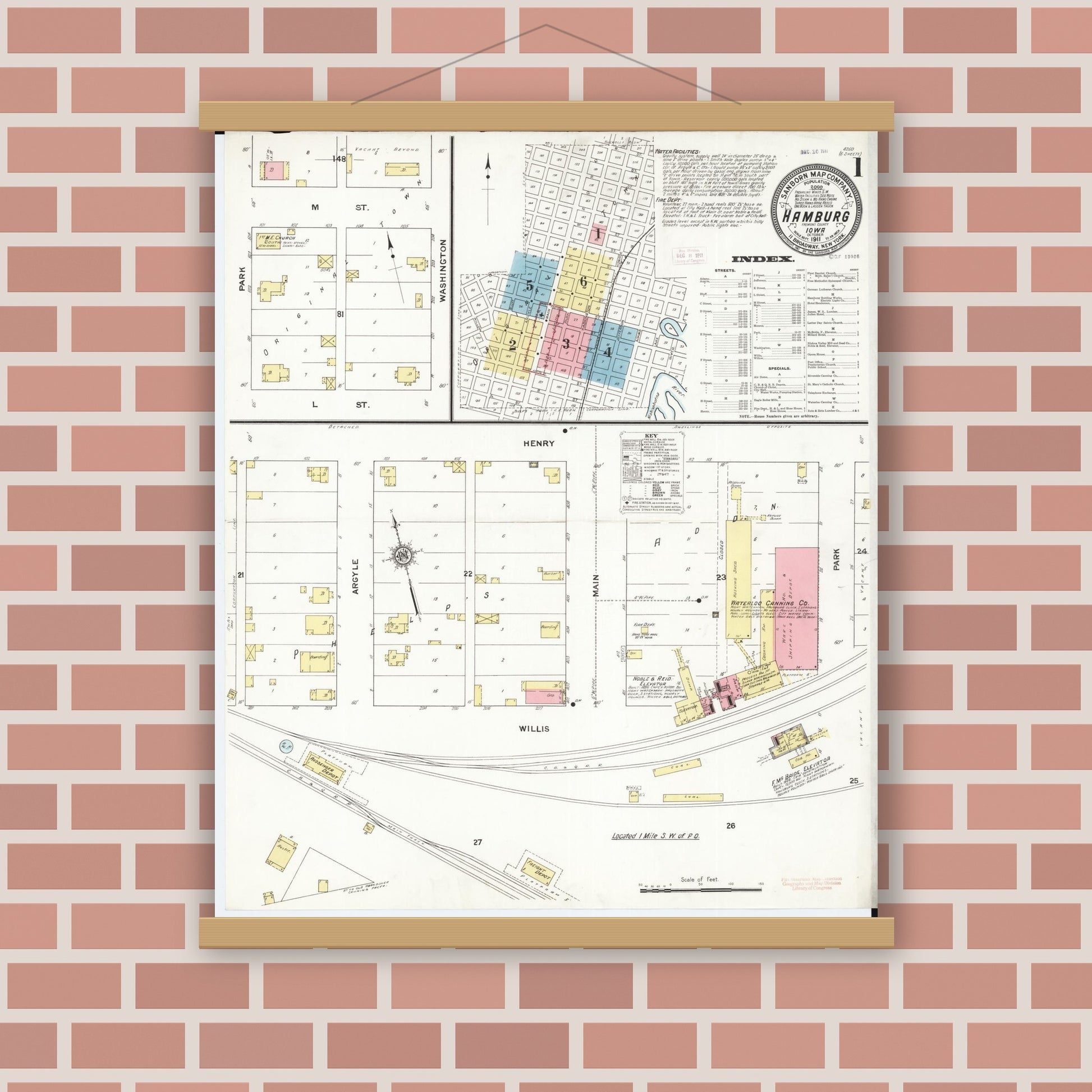 Old map wall art mockup — magnetic wood frame on brick wall — Sanborn Fire Insurance Map from Hamburg, Fremont County, Iowa (1911) â€” Complete Set