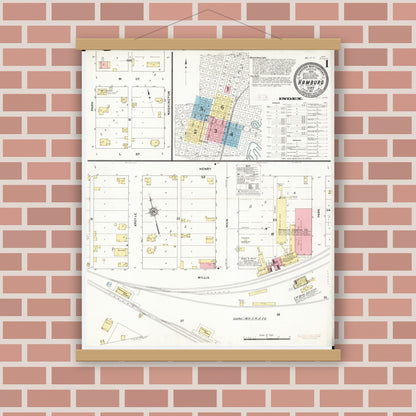 Old map wall art mockup — magnetic wood frame on brick wall — Sanborn Fire Insurance Map from Hamburg, Fremont County, Iowa (1911) â€” Complete Set
