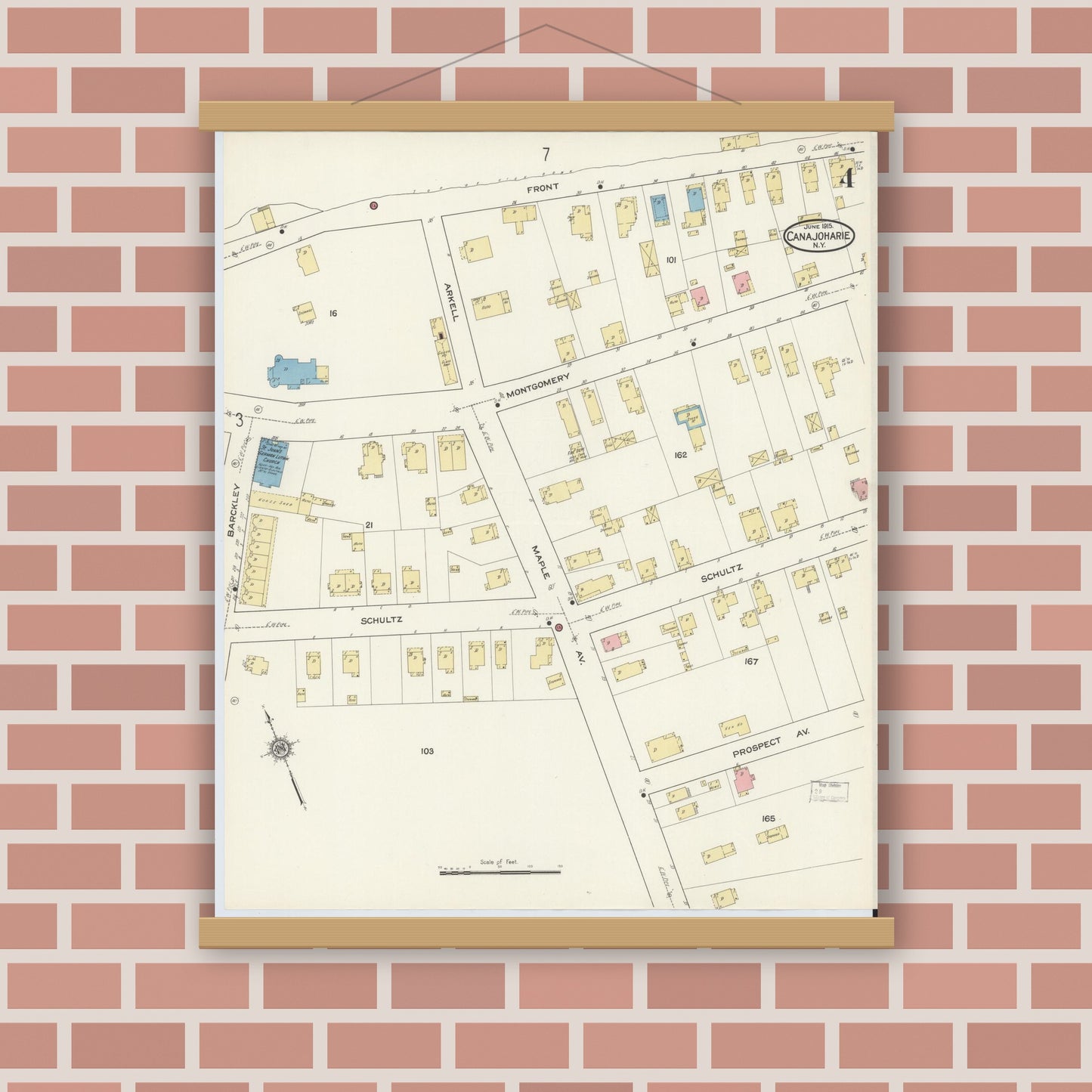 Old map wall art mockup — magnetic wood frame on brick wall — Sanborn Fire Insurance Map from Canajoharie, Montgomery County, New York (1915), Sheet #0004