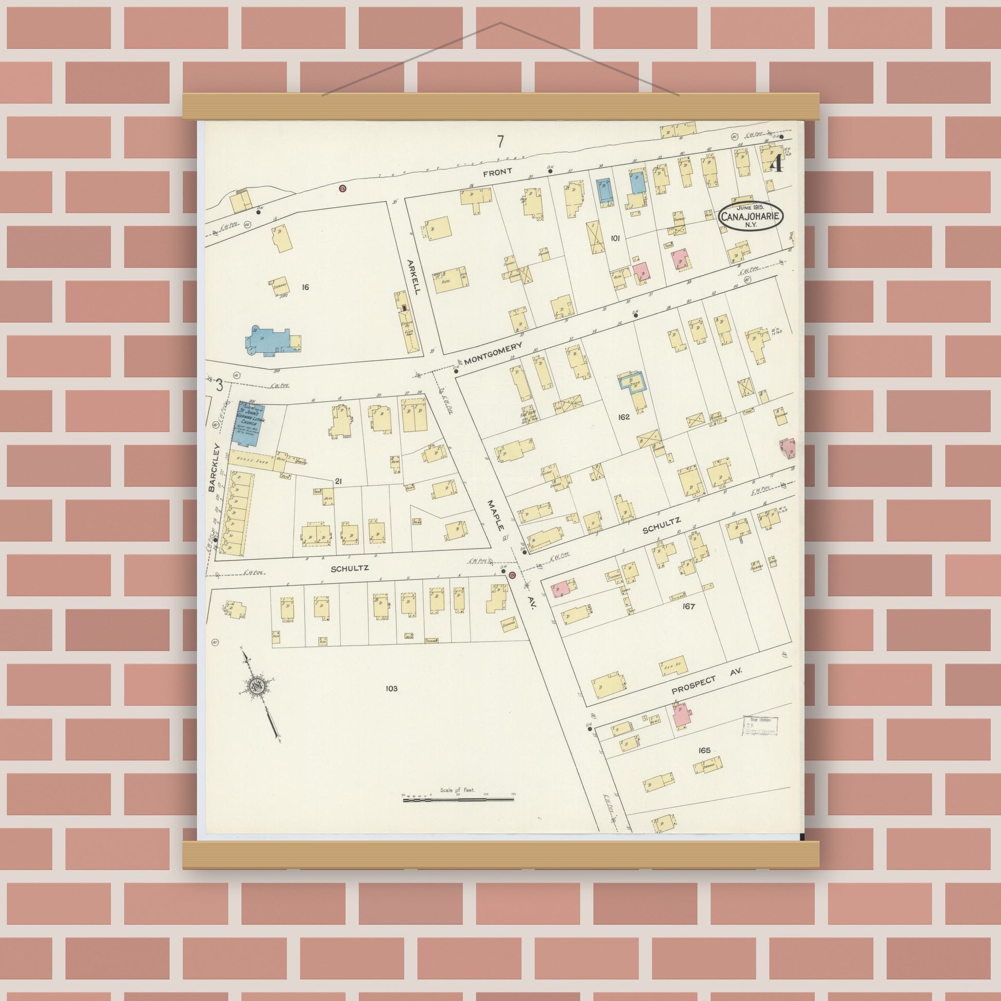 Old map wall art mockup — magnetic wood frame on brick wall — Sanborn Fire Insurance Map from Canajoharie, Montgomery County, New York (1915), Sheet #0004