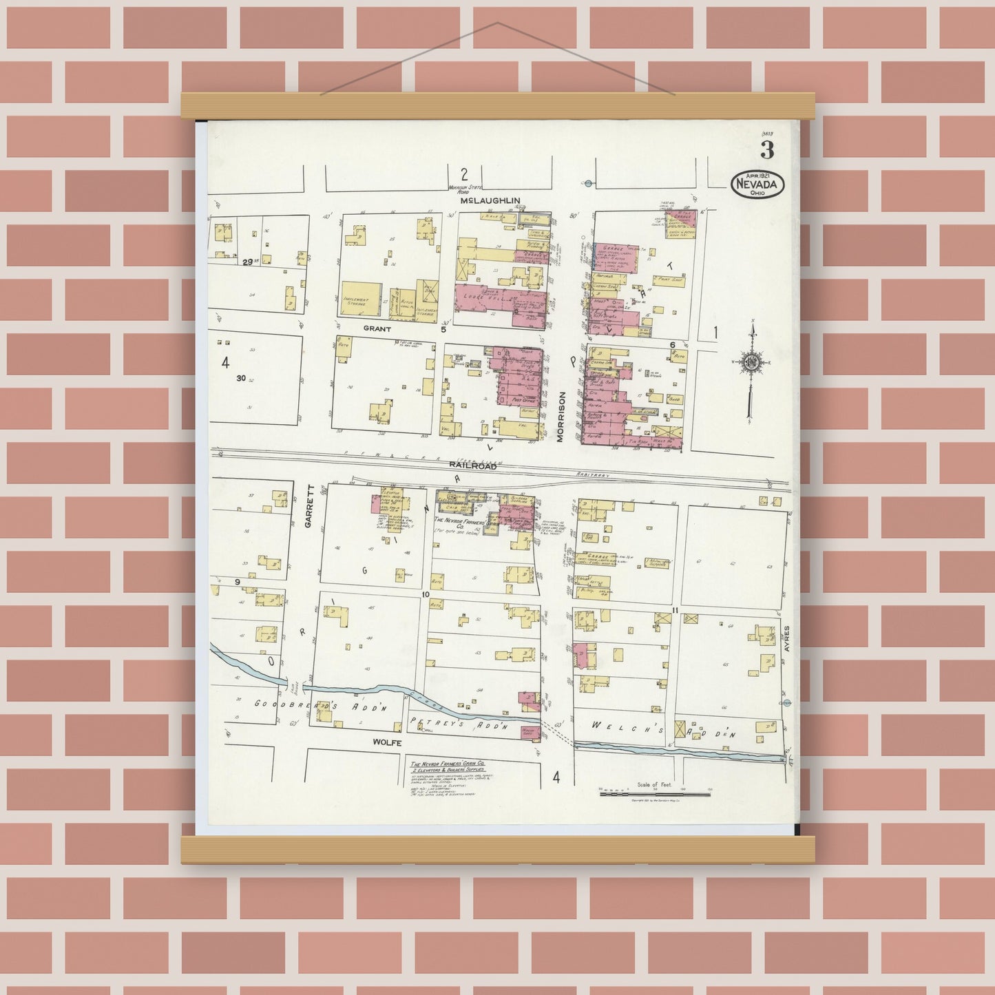 Old map wall art mockup — magnetic wood frame on brick wall — Sanborn Fire Insurance Map from Nevada, Wyandot County, Ohio (1921), Sheet #0003