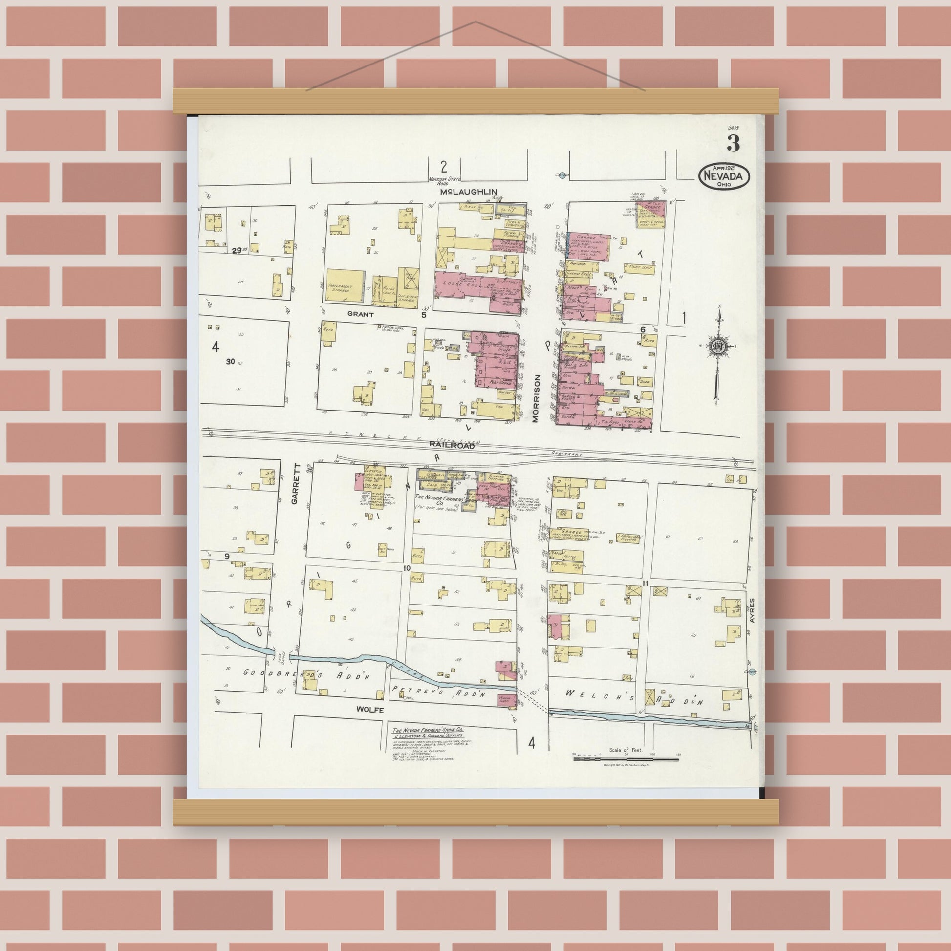 Old map wall art mockup — magnetic wood frame on brick wall — Sanborn Fire Insurance Map from Nevada, Wyandot County, Ohio (1921), Sheet #0003