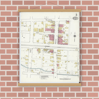 Old map wall art mockup — magnetic wood frame on brick wall — Sanborn Fire Insurance Map from Nevada, Wyandot County, Ohio (1921), Sheet #0003