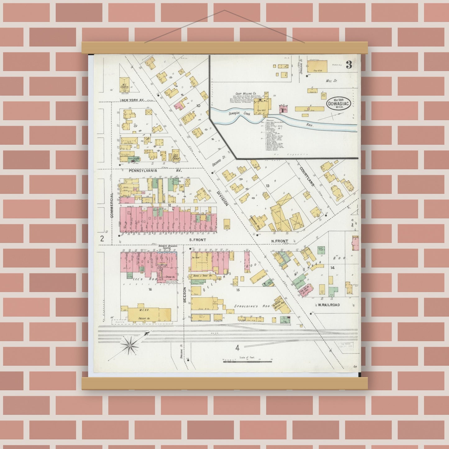 Old map wall art mockup — magnetic wood frame on brick wall — Sanborn Fire Insurance Map from Dowagiac, Cass County, Michigan (1899), Sheet #0003