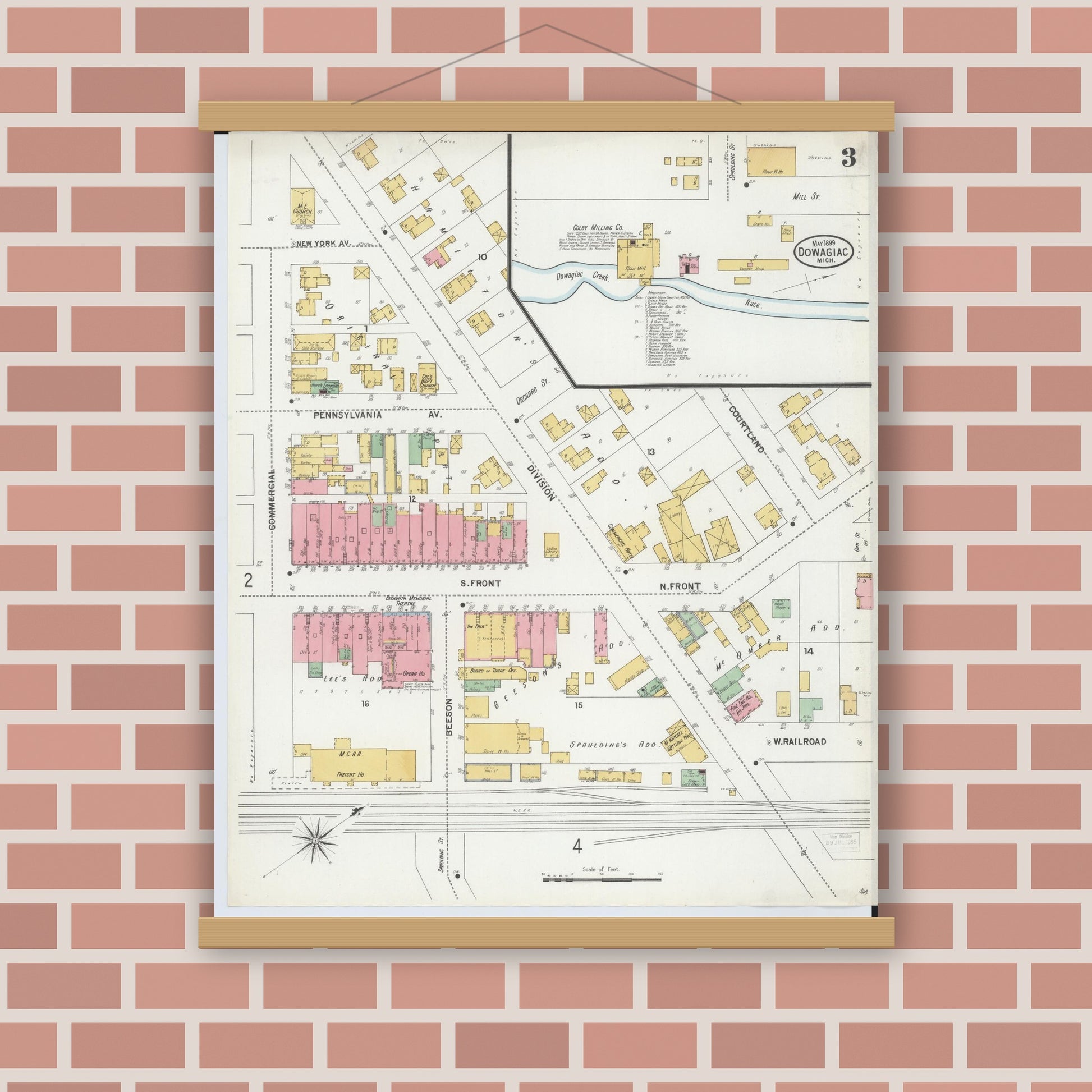 Old map wall art mockup — magnetic wood frame on brick wall — Sanborn Fire Insurance Map from Dowagiac, Cass County, Michigan (1899), Sheet #0003