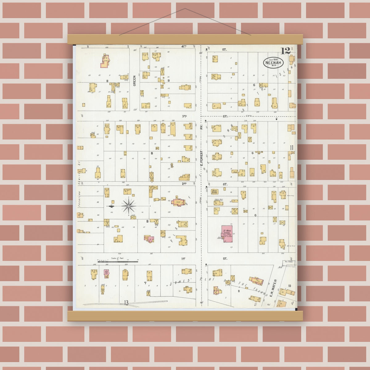 Old map wall art mockup — magnetic wood frame on brick wall — Sanborn Fire Insurance Map from Neenah, Winnebago County, Wisconsin (1900), Sheet #0012