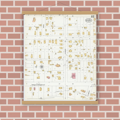 Old map wall art mockup — magnetic wood frame on brick wall — Sanborn Fire Insurance Map from Neenah, Winnebago County, Wisconsin (1900), Sheet #0012
