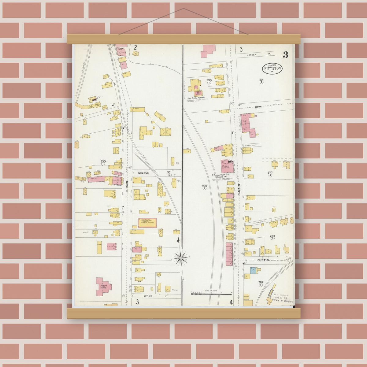 Old map wall art mockup — magnetic wood frame on brick wall — Sanborn Fire Insurance Map from Pittston, Luzerne County, Pennsylvania (1903), Sheet #0003