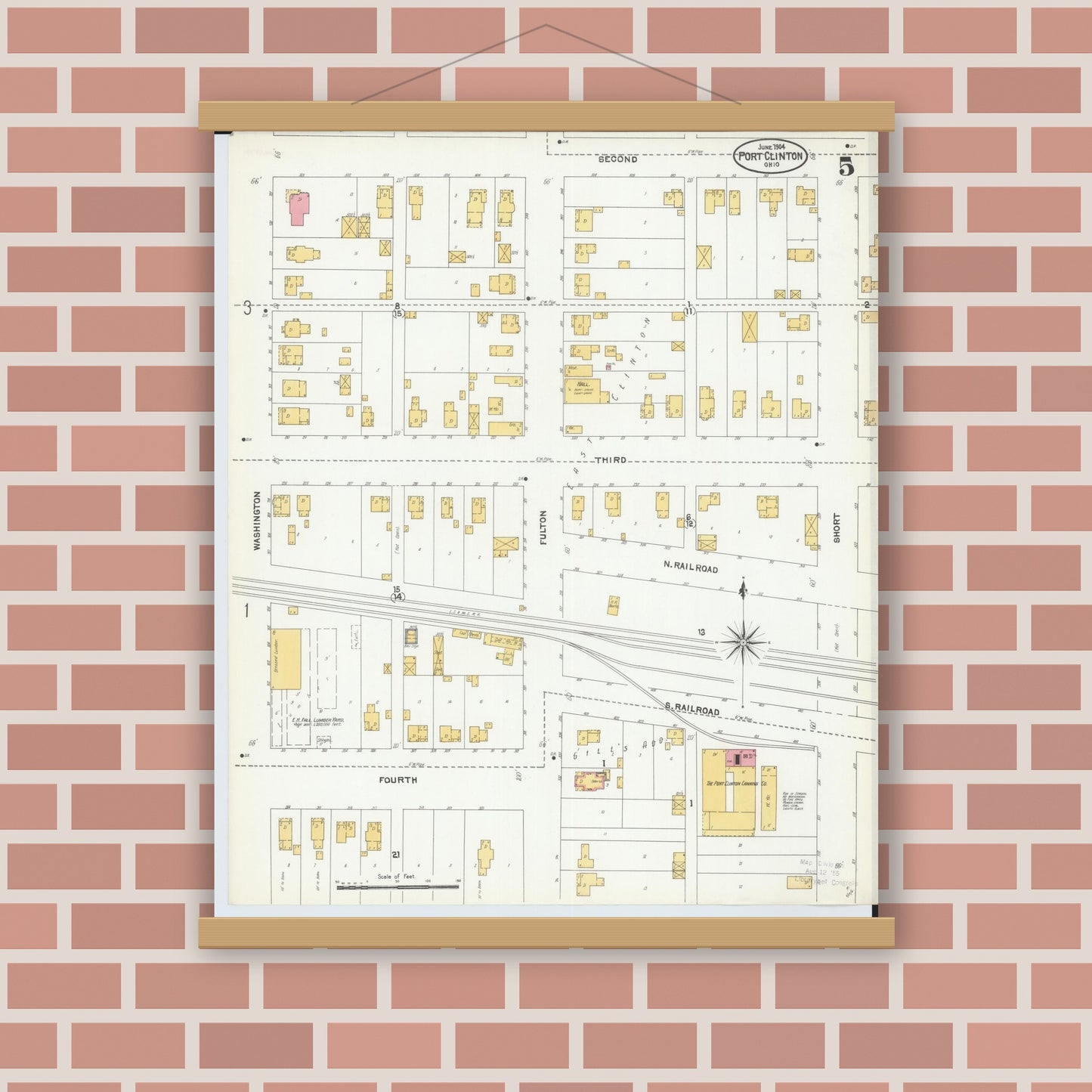 Old map wall art mockup — magnetic wood frame on brick wall — Sanborn Fire Insurance Map from Port Clinton, Ottawa County, Ohio (1904), Sheet #0005