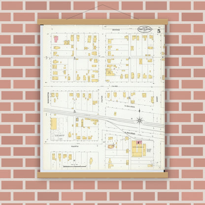 Old map wall art mockup — magnetic wood frame on brick wall — Sanborn Fire Insurance Map from Port Clinton, Ottawa County, Ohio (1904), Sheet #0005