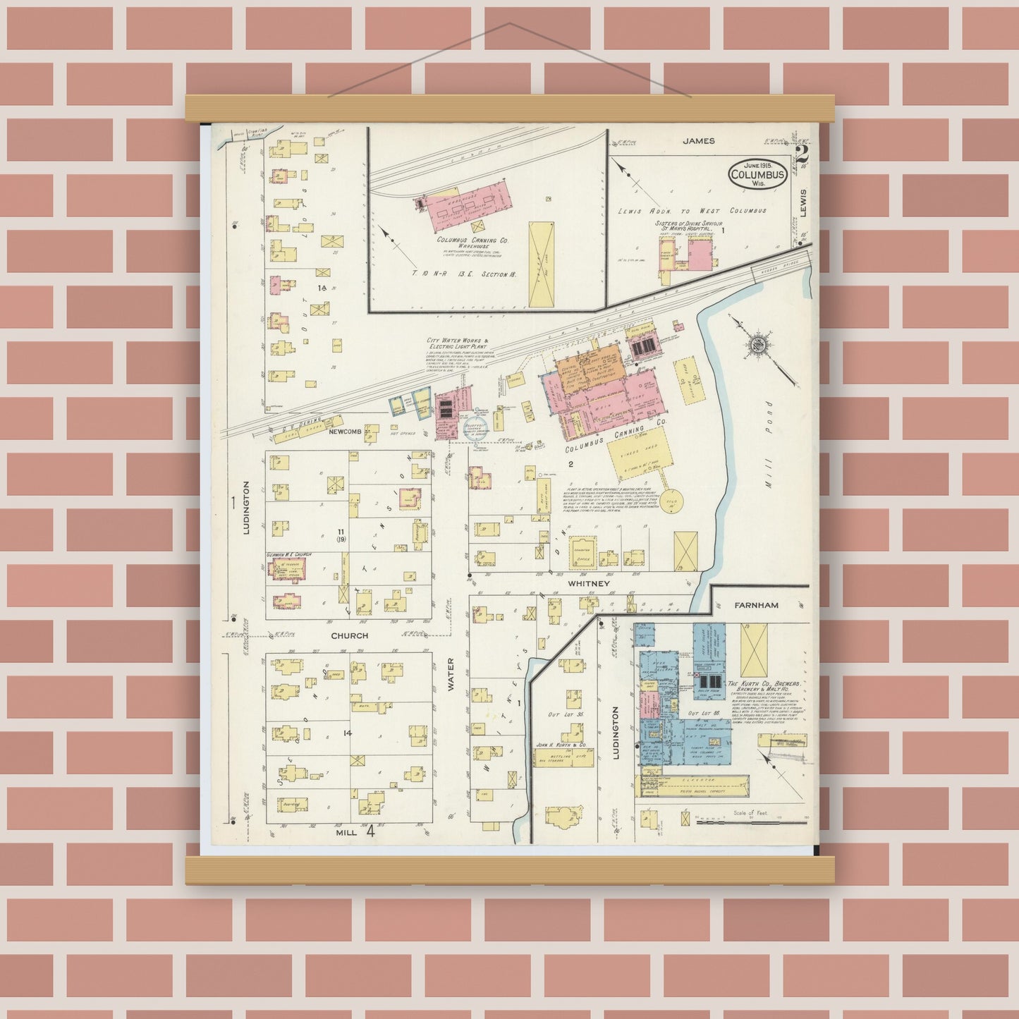 Old map wall art mockup — magnetic wood frame on brick wall — Sanborn Fire Insurance Map from Columbus, Columbia and Dodge County, Wisconsin (1915), Sheet #0002