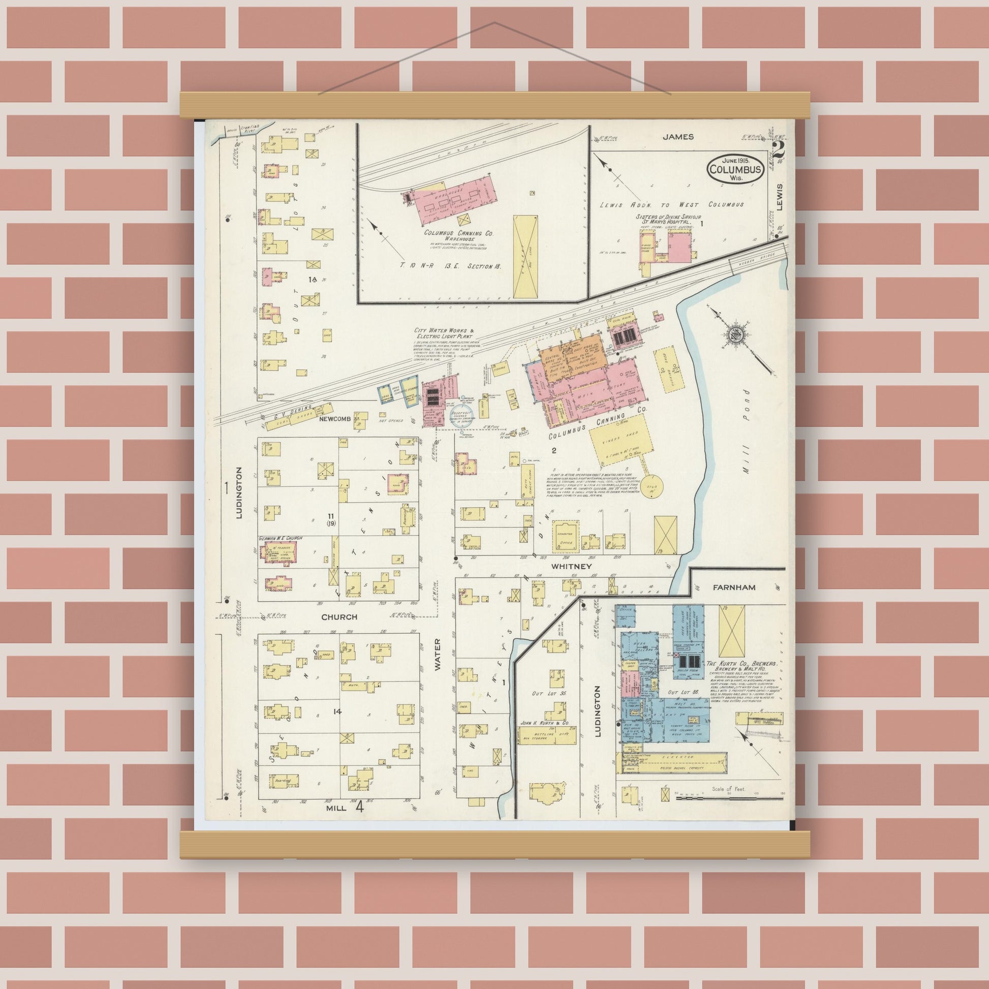 Old map wall art mockup — magnetic wood frame on brick wall — Sanborn Fire Insurance Map from Columbus, Columbia and Dodge County, Wisconsin (1915), Sheet #0002