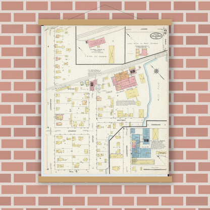 Old map wall art mockup — magnetic wood frame on brick wall — Sanborn Fire Insurance Map from Columbus, Columbia and Dodge County, Wisconsin (1915), Sheet #0002