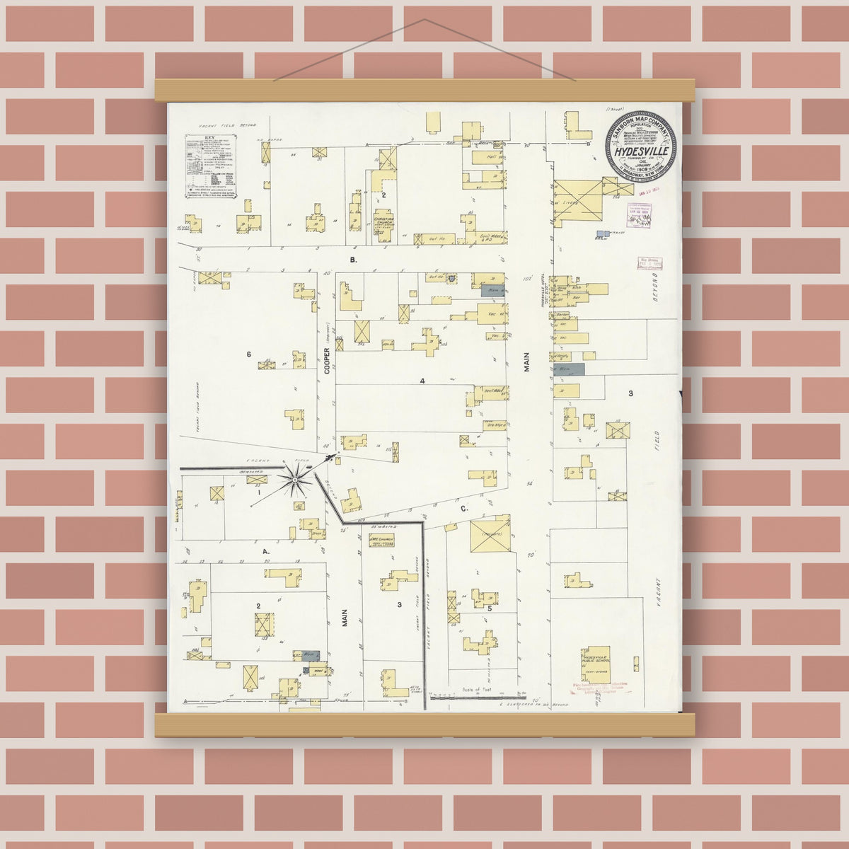 Old map wall art mockup — magnetic wood frame on brick wall — Sanborn Fire Insurance Map from Hydesville, Humboldt County, California (1909), Sheet #0001