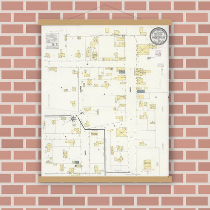 Old map wall art mockup — magnetic wood frame on brick wall — Sanborn Fire Insurance Map from Hydesville, Humboldt County, California (1909), Sheet #0001