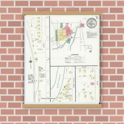 Old map wall art mockup — magnetic wood frame on brick wall — Sanborn Fire Insurance Map from Pemberville, Wood County, Ohio (1910) - Complete Map Set