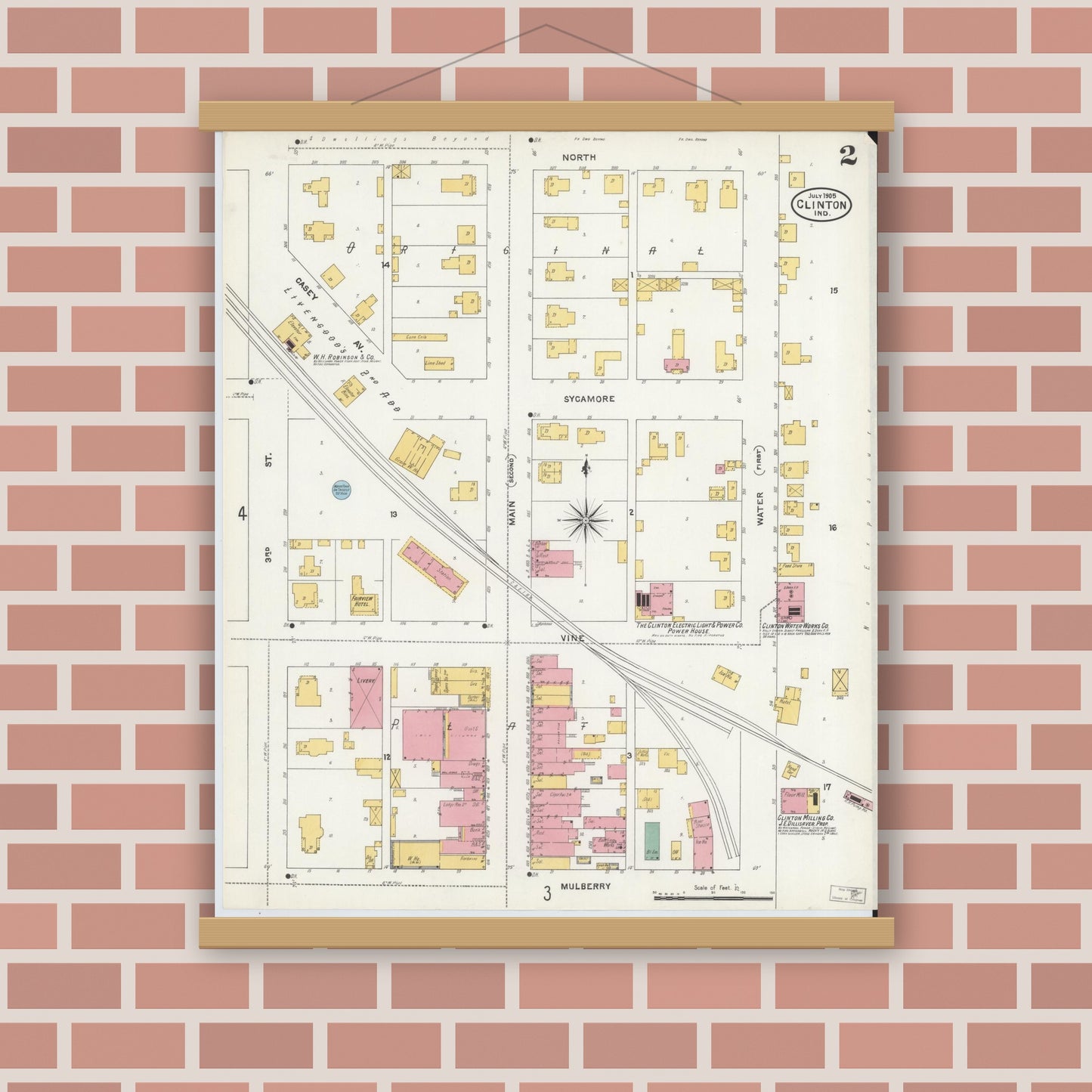 Old map wall art mockup — magnetic wood frame on brick wall — Sanborn Fire Insurance Map from Clinton, Vermillion County, Indiana (1905), Sheet #0002