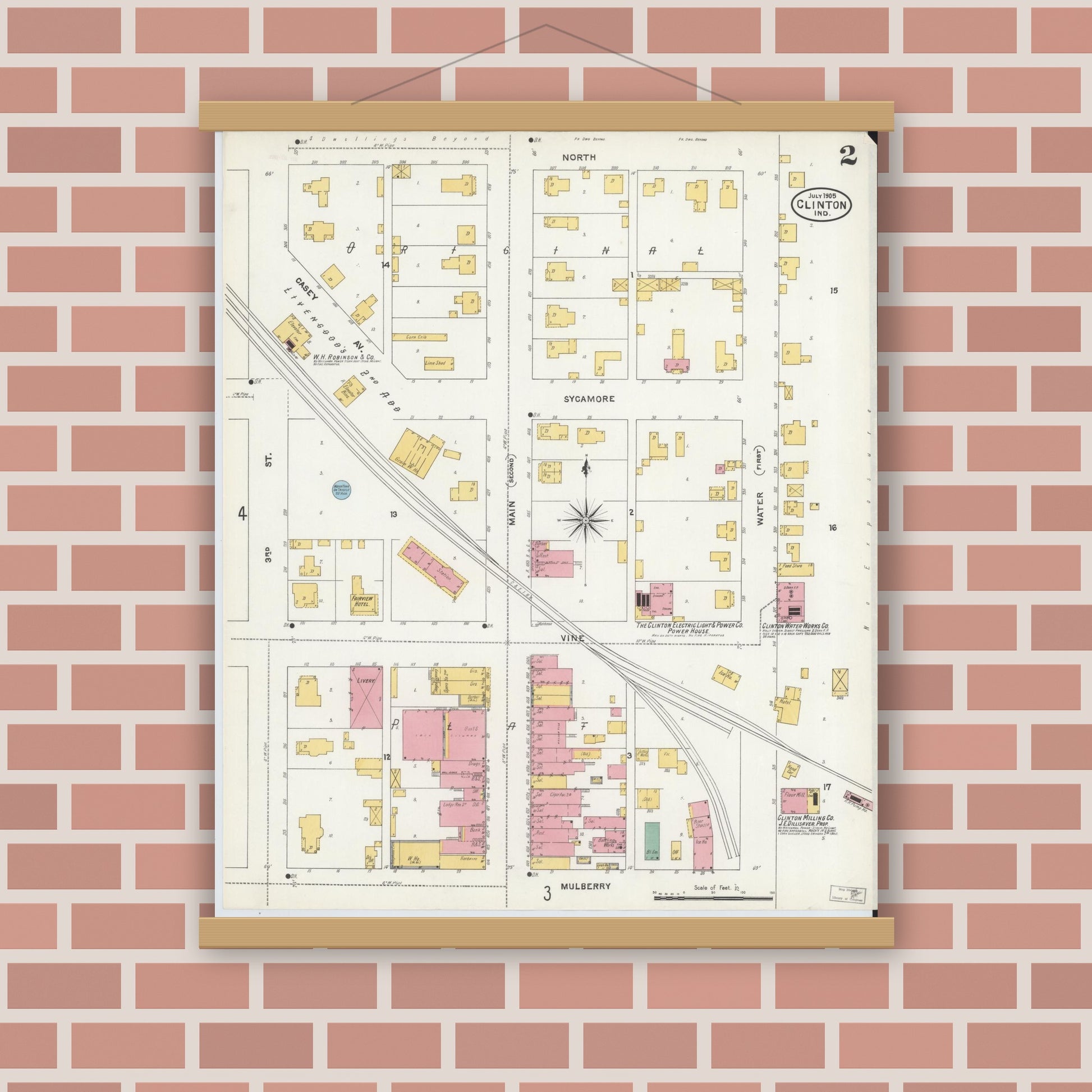 Old map wall art mockup — magnetic wood frame on brick wall — Sanborn Fire Insurance Map from Clinton, Vermillion County, Indiana (1905), Sheet #0002