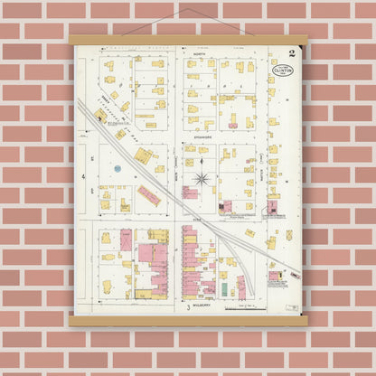 Old map wall art mockup — magnetic wood frame on brick wall — Sanborn Fire Insurance Map from Clinton, Vermillion County, Indiana (1905), Sheet #0002