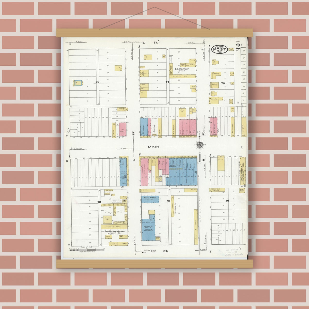 Old map wall art mockup — magnetic wood frame on brick wall — Sanborn Fire Insurance Map from Post, Garza County, Texas (1921), Sheet #0002