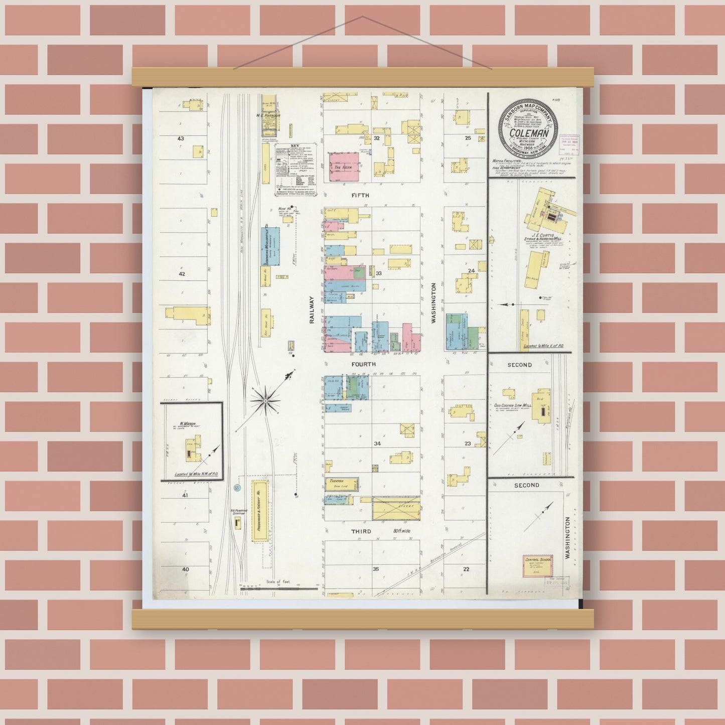 Old map wall art mockup — magnetic wood frame on brick wall — Sanborn Fire Insurance Map from Coleman, Midland County, Michigan (1908), Sheet #0001