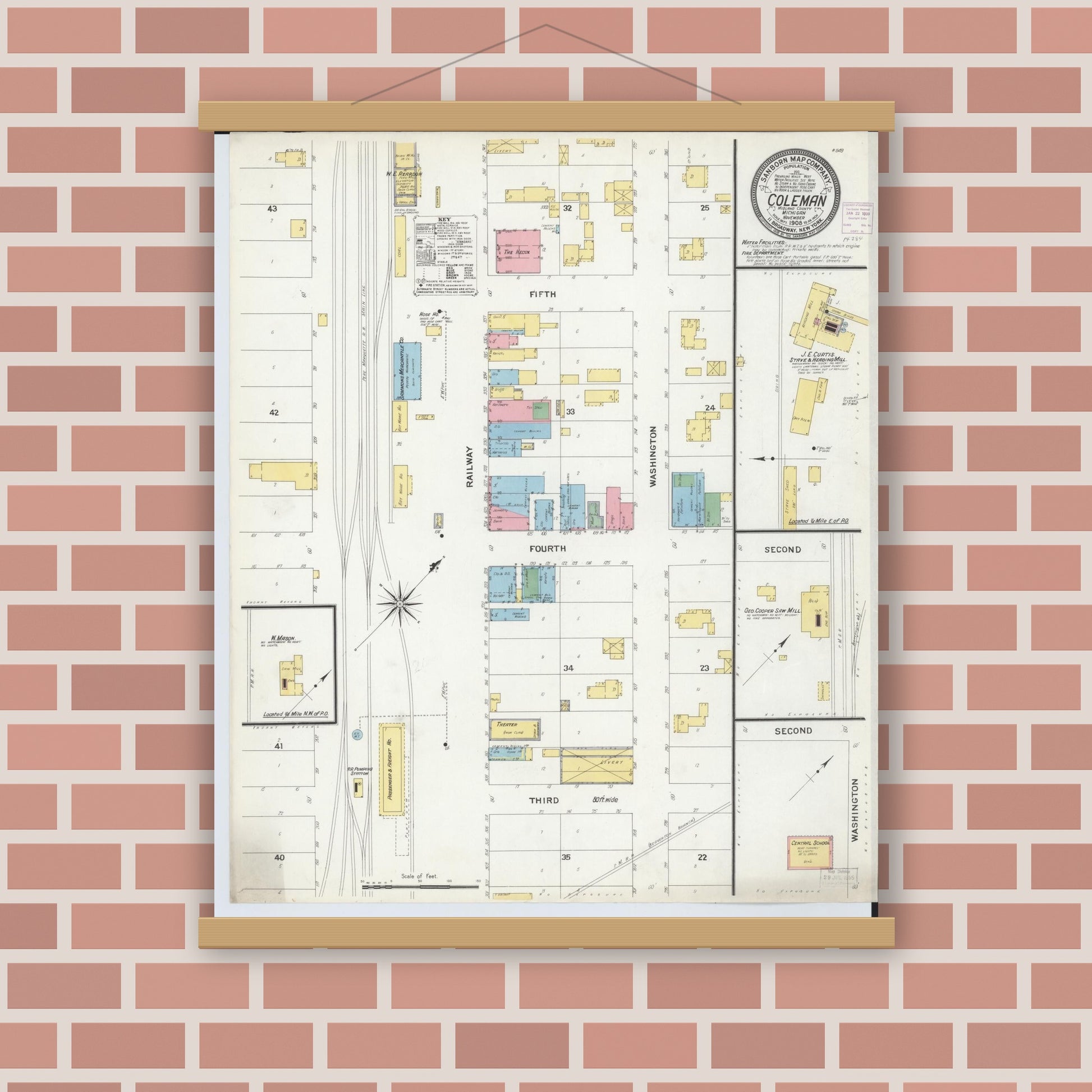 Old map wall art mockup — magnetic wood frame on brick wall — Sanborn Fire Insurance Map from Coleman, Midland County, Michigan (1908), Sheet #0001