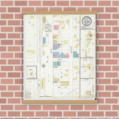Old map wall art mockup — magnetic wood frame on brick wall — Sanborn Fire Insurance Map from Coleman, Midland County, Michigan (1908), Sheet #0001
