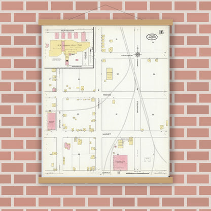 Old map wall art mockup — magnetic wood frame on brick wall — Sanborn Fire Insurance Map from Laredo, Webb County, Texas (1916), Sheet #0016