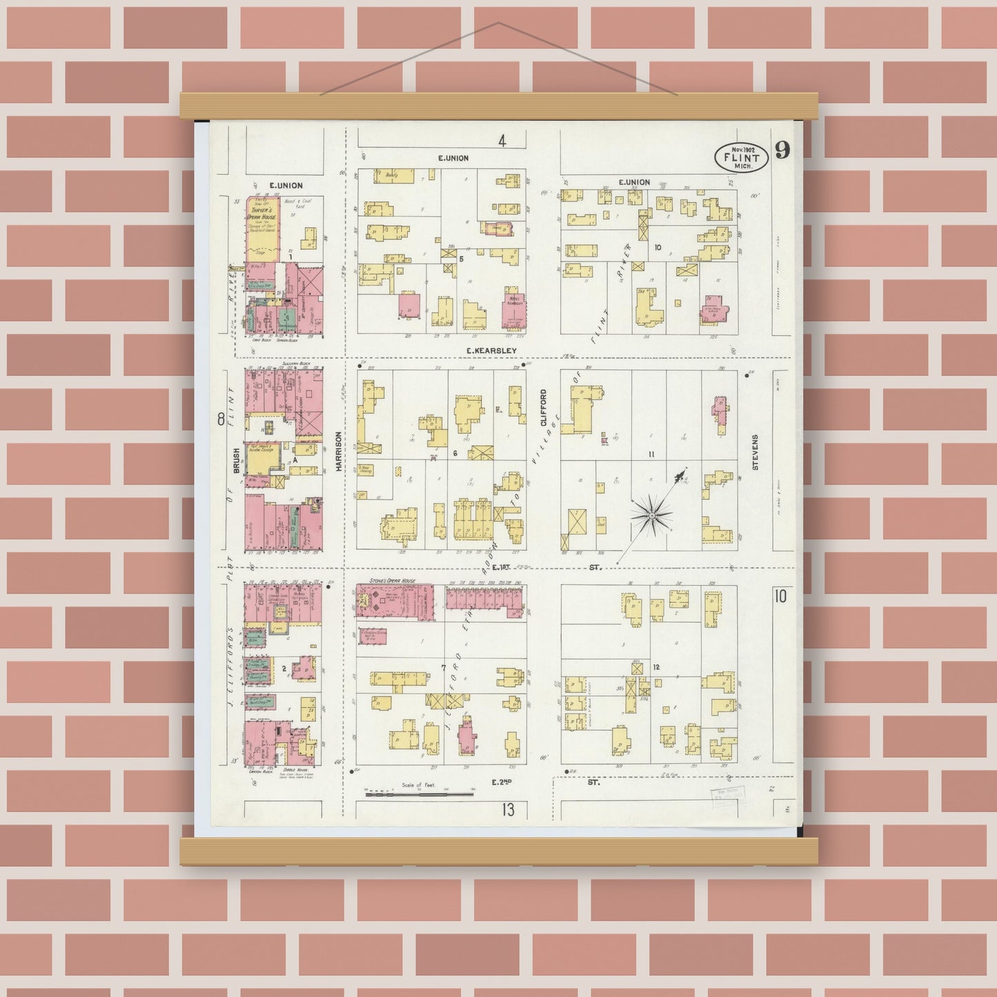 Old map wall art mockup — magnetic wood frame on brick wall — Sanborn Fire Insurance Map from Flint, Genesee County, Michigan (1902), Sheet #0009