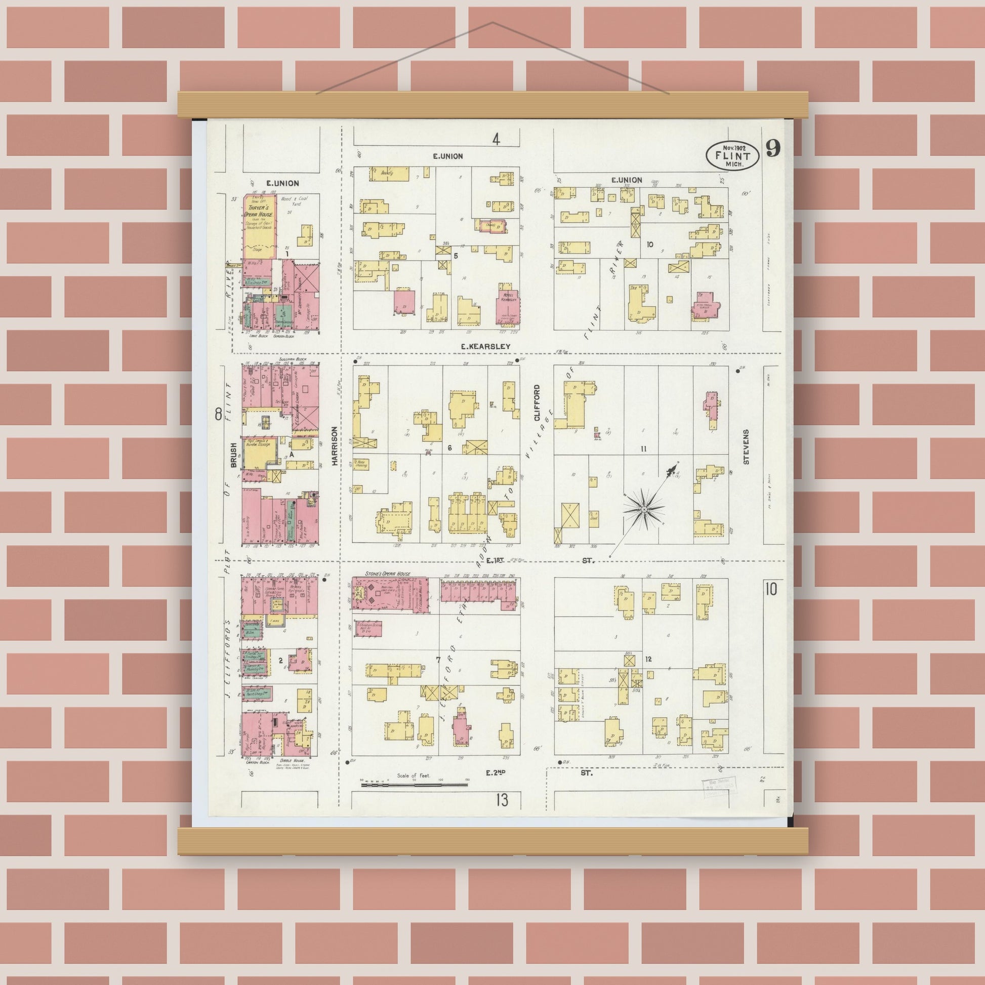 Old map wall art mockup — magnetic wood frame on brick wall — Sanborn Fire Insurance Map from Flint, Genesee County, Michigan (1902), Sheet #0009