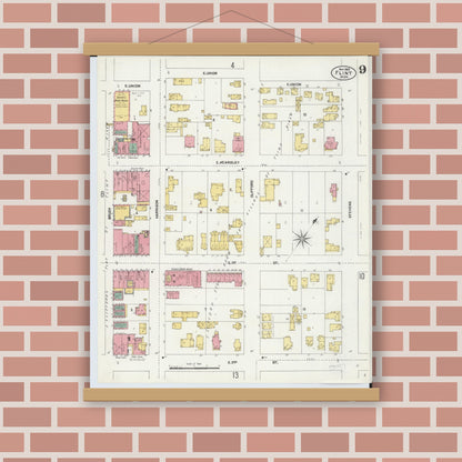 Old map wall art mockup — magnetic wood frame on brick wall — Sanborn Fire Insurance Map from Flint, Genesee County, Michigan (1902), Sheet #0009