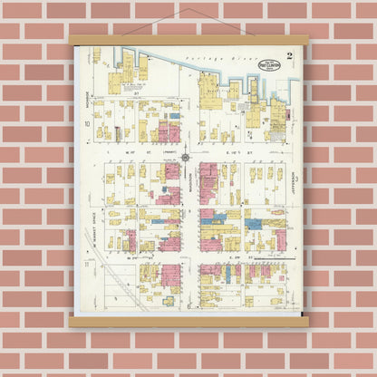 Old map wall art mockup — magnetic wood frame on brick wall — Sanborn Fire Insurance Map from Port Clinton, Ottawa County, Ohio (1916), Sheet #0002