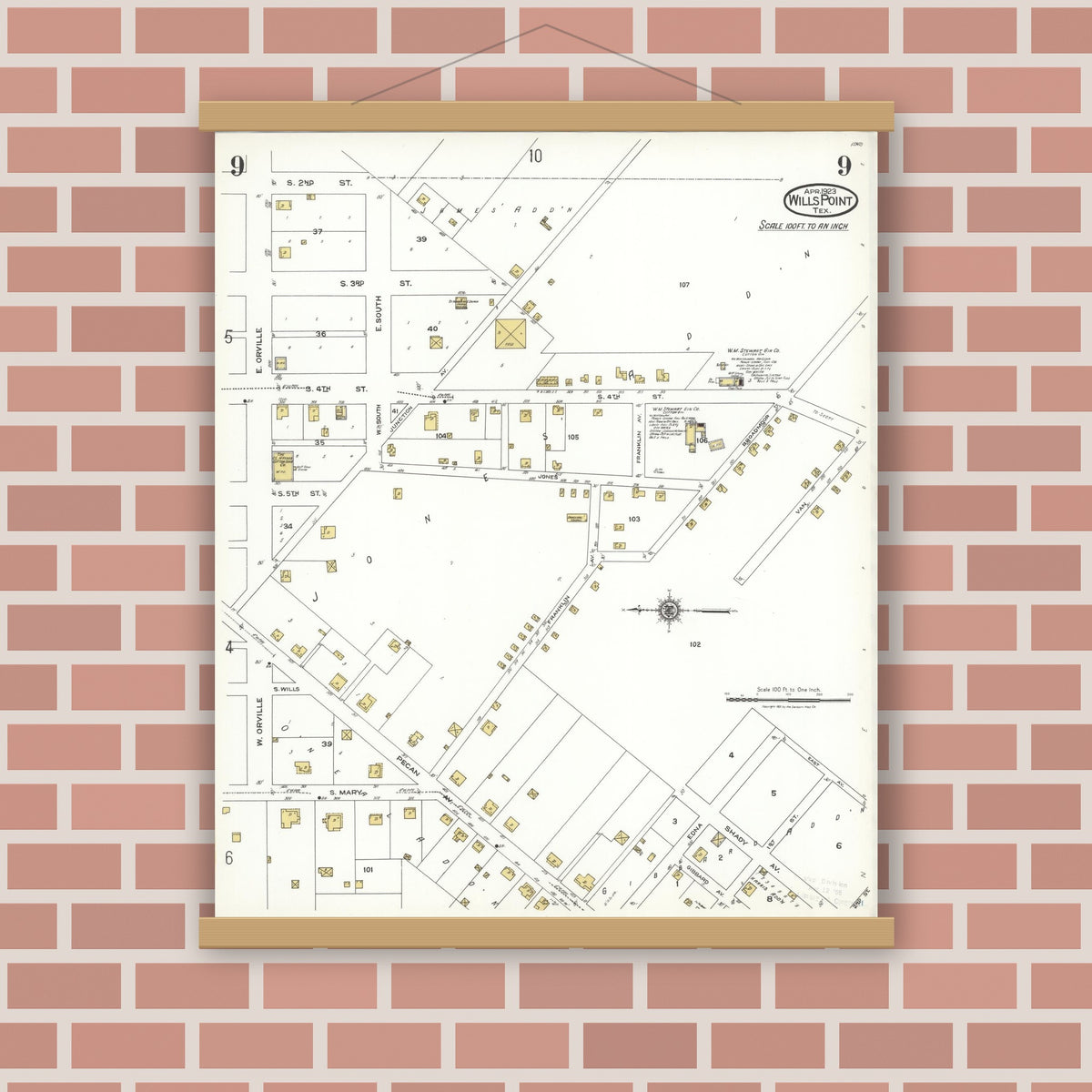 Old map wall art mockup — magnetic wood frame on brick wall — Sanborn Fire Insurance Map from Wills Point, Van Zandt County, Texas (1923), Sheet #0009