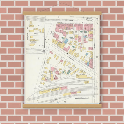 Old map wall art mockup — magnetic wood frame on brick wall — Sanborn Fire Insurance Map from Batavia, Genesee County, New York (1901), Sheet #0009