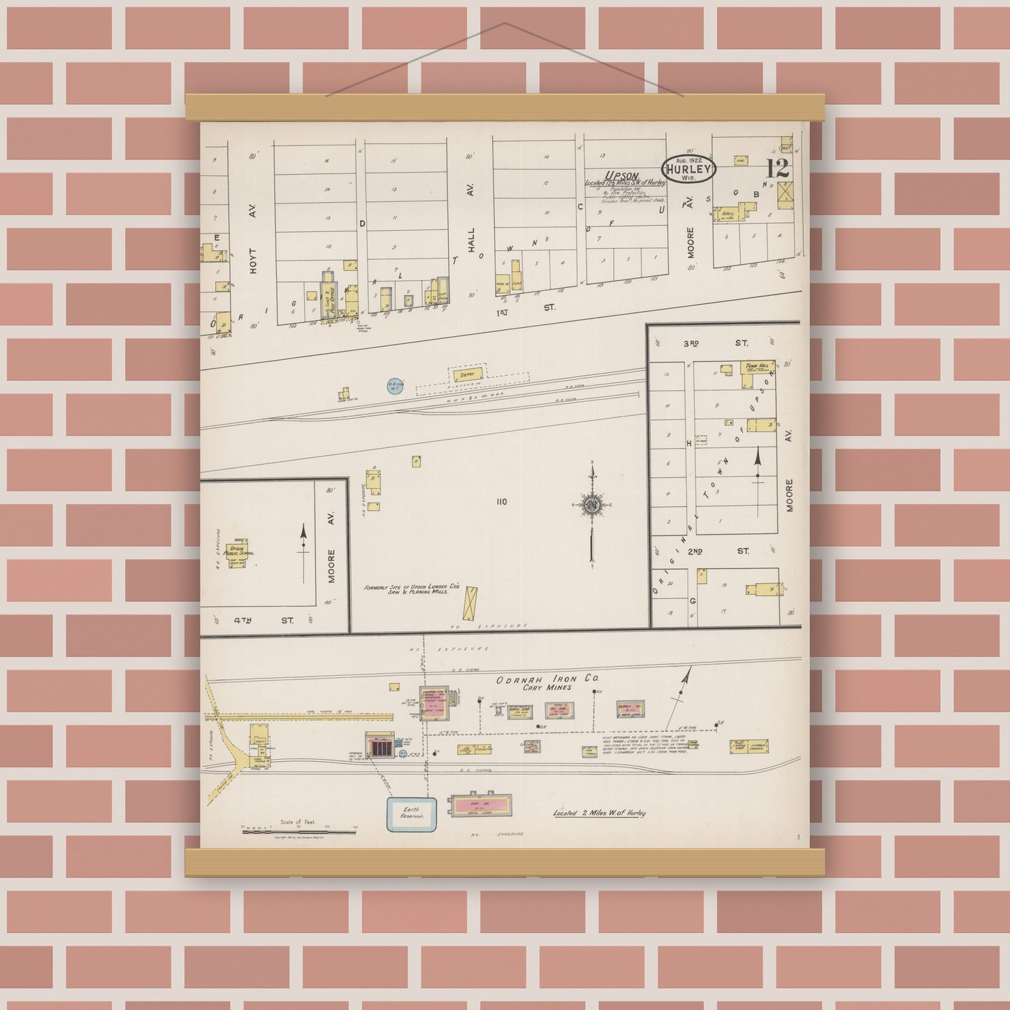 Old map wall art mockup — magnetic wood frame on brick wall — Sanborn Fire Insurance Map from Hurley, Iron County, Wisconsin (1922), Sheet #0012