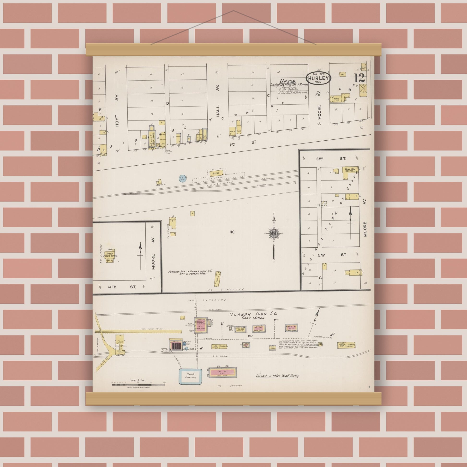 Old map wall art mockup — magnetic wood frame on brick wall — Sanborn Fire Insurance Map from Hurley, Iron County, Wisconsin (1922), Sheet #0012
