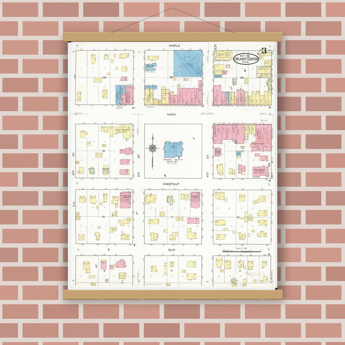 Old map wall art mockup — magnetic wood frame on brick wall — Sanborn Fire Insurance Map from Grundy Center, Grundy County, Iowa (1916), Sheet #0003