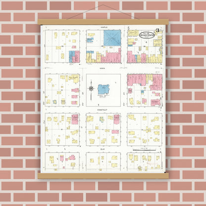 Old map wall art mockup — magnetic wood frame on brick wall — Sanborn Fire Insurance Map from Grundy Center, Grundy County, Iowa (1916), Sheet #0003