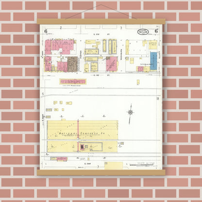 Old map wall art mockup — magnetic wood frame on brick wall — Sanborn Fire Insurance Map from Taylor, Williamson County, Texas (1923), Sheet #0006