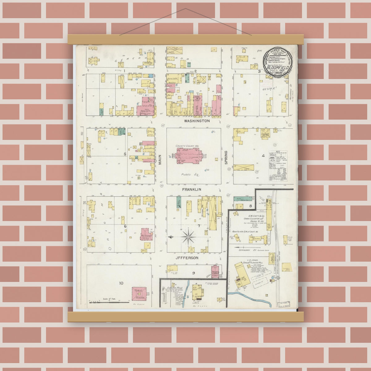 Old map wall art mockup — magnetic wood frame on brick wall — Sanborn Fire Insurance Map from Bloomfield, Greene County, Indiana (1892), Sheet #0001