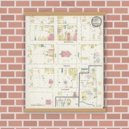 Old map wall art mockup — magnetic wood frame on brick wall — Sanborn Fire Insurance Map from Bloomfield, Greene County, Indiana (1892), Sheet #0001