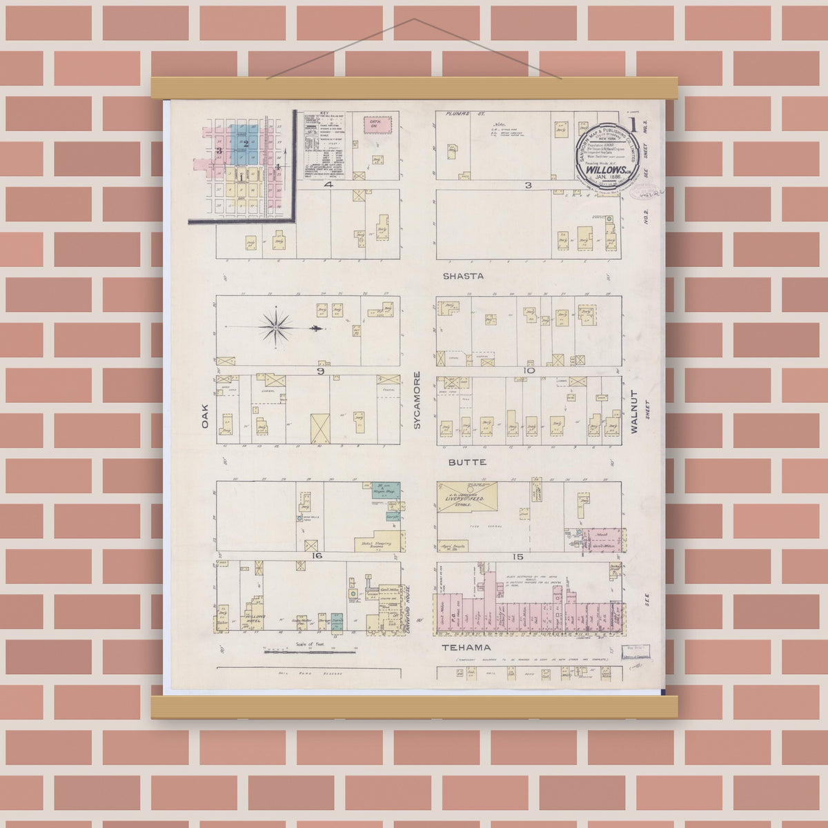 Old map wall art mockup — magnetic wood frame on brick wall — Sanborn Fire Insurance Map from Willows, Glenn County, California (1886) - Complete Map Set